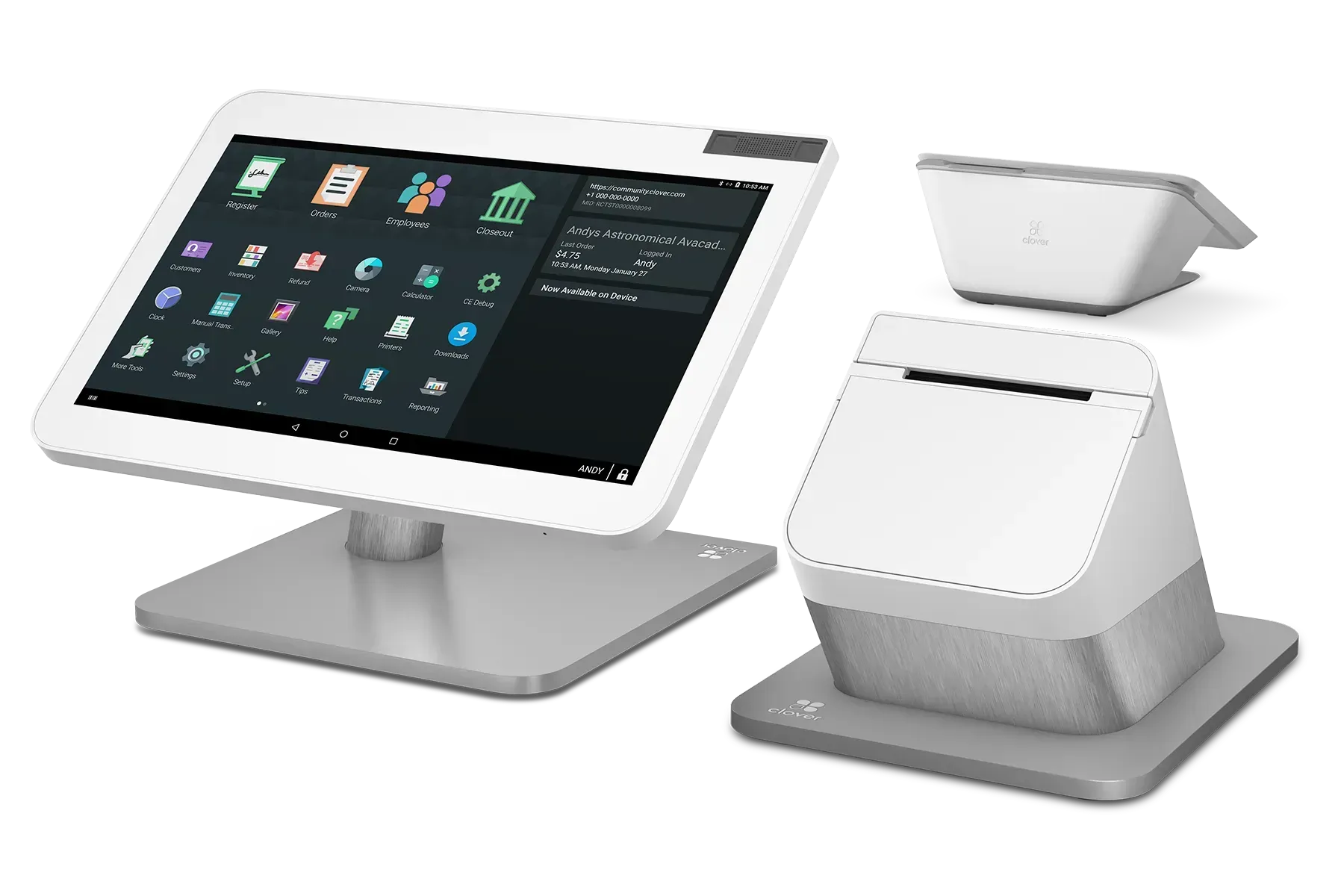 White touchscreen POS terminal and printer on stands, shown front and rear view
