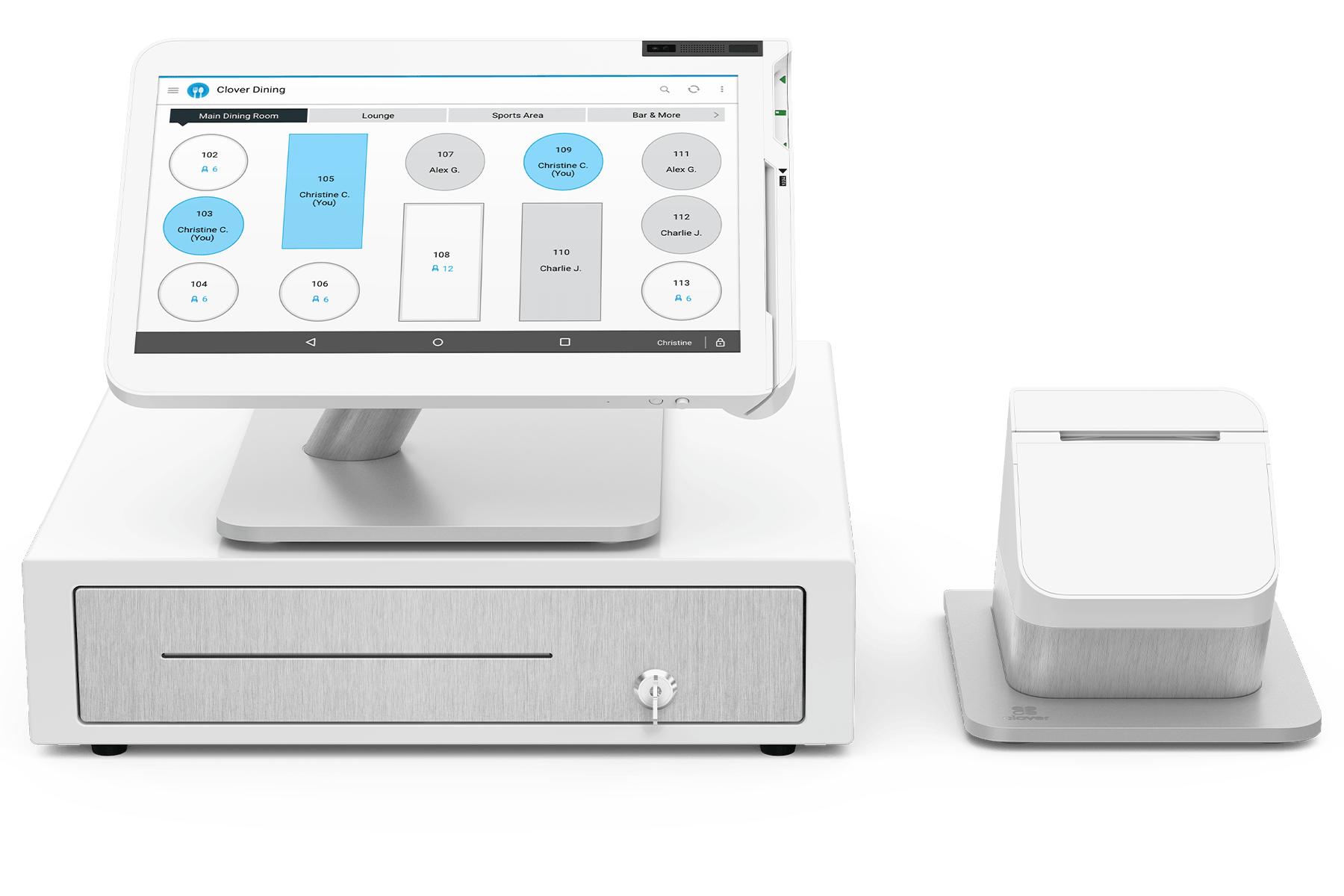 White touchscreen POS terminal with barcode scanner and printer on a counter