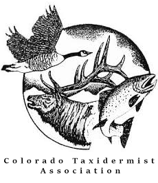 Colorado Taxidermist Association logo with flying bird, deer antlers, fish, and duck in black and white