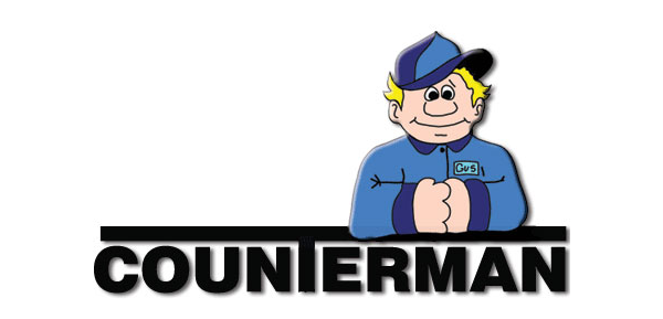 Cartoon mascot in a blue cap above bold black text reading “COUNIERMAN”