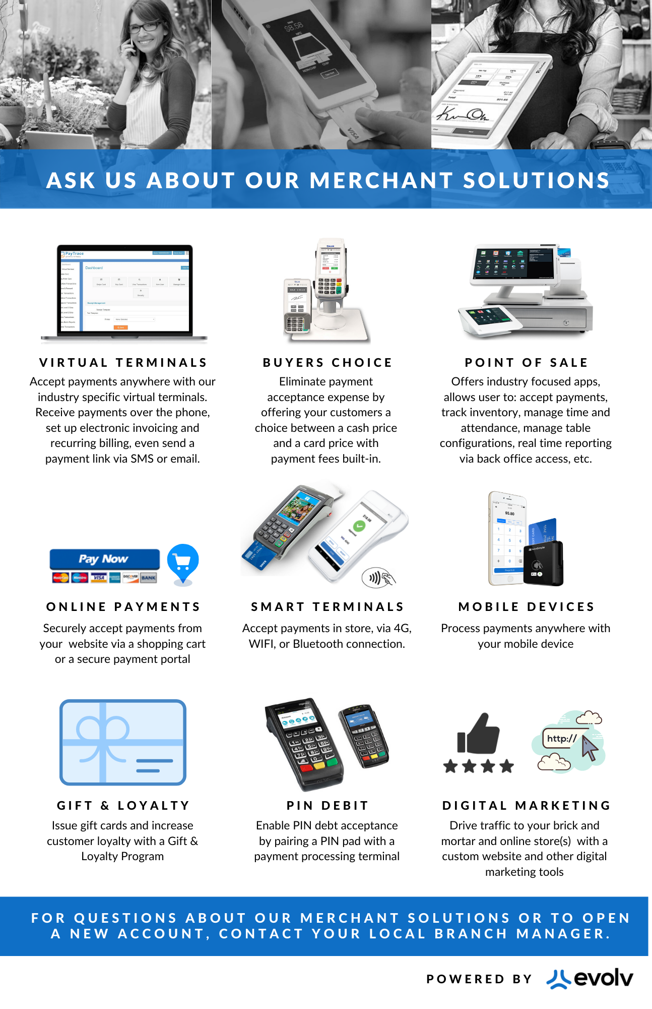 Merchant solutions flyer with payment devices, terminals, and software services on a blue-and-white layout