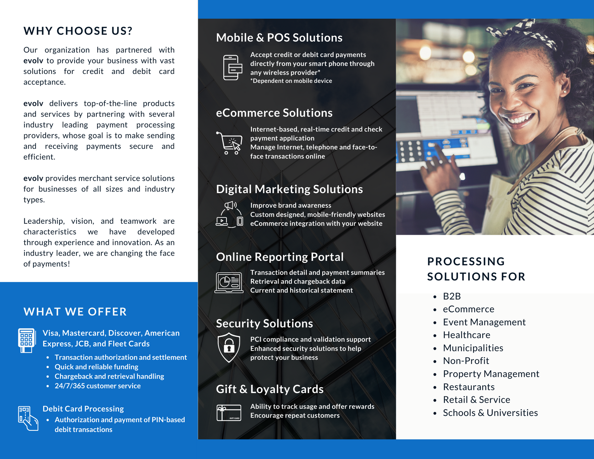 Business brochure with blue and black panels listing services, plus a smiling woman in a headset by a laptop