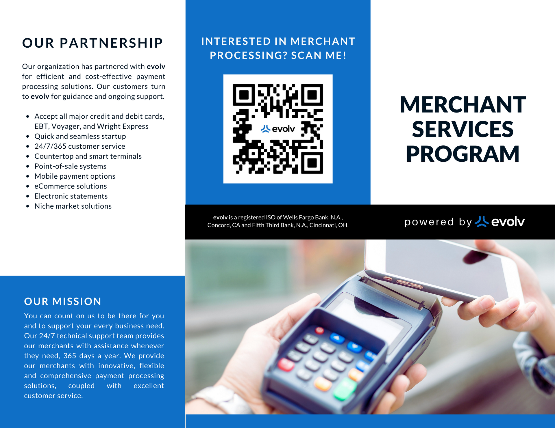 Merchant Services Program flyer with QR code, partnership info, and a credit card payment terminal.