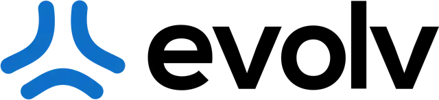 Blue abstract logo icon beside the black word “evolv” on a white background
