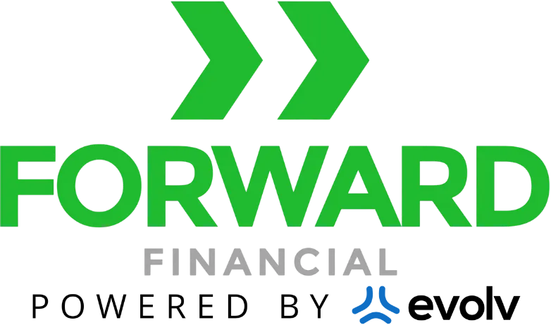 Forward Financial logo with green arrows and “powered by evolv” text