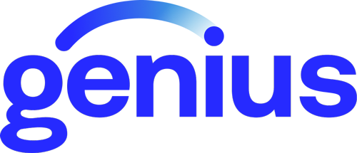 Blue “genius” wordmark with a curved blue-to-cyan arc above it