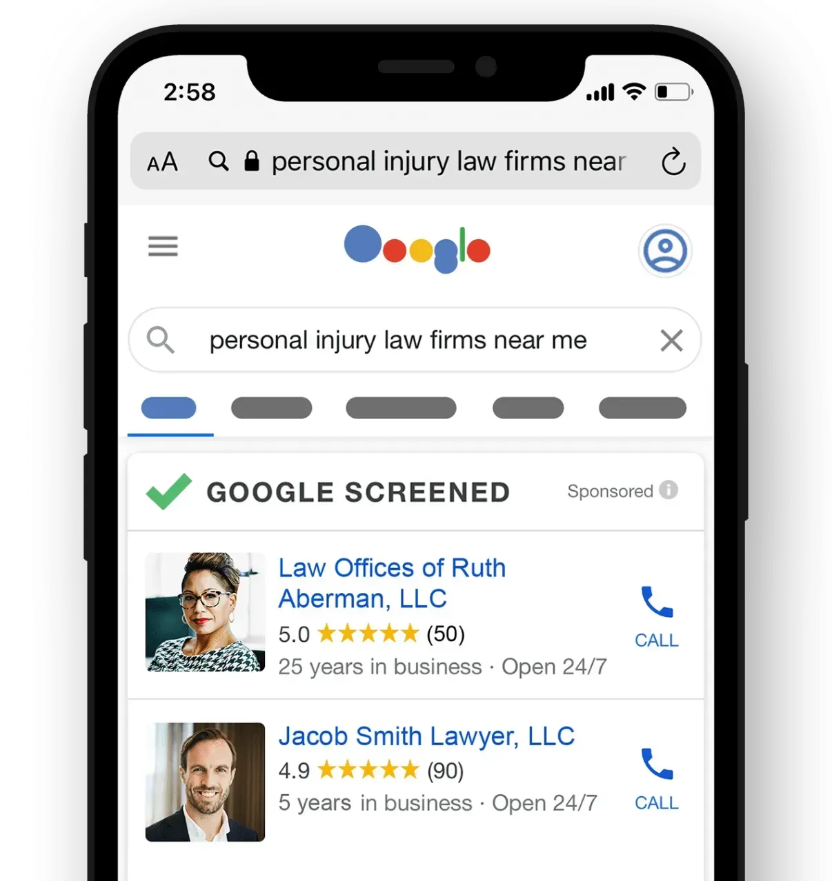Smartphone screen showing Google search results for “personal injury law firms near me,” with screened law office listings.