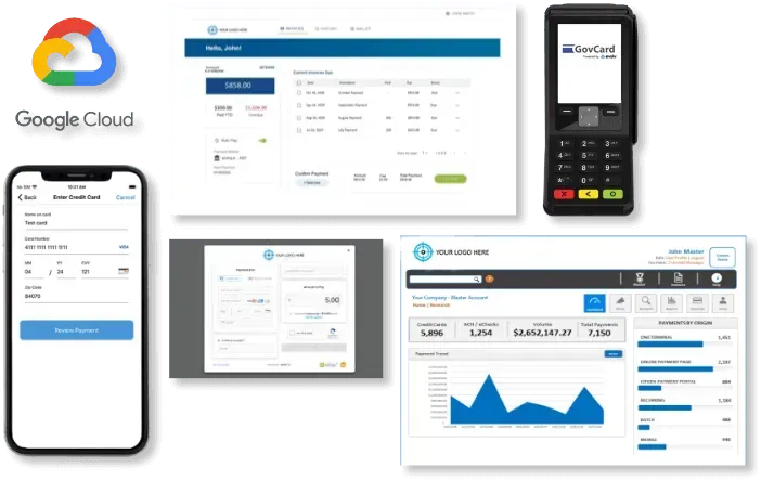 Google Cloud dashboard collage with mobile app screens and a credit card reader device