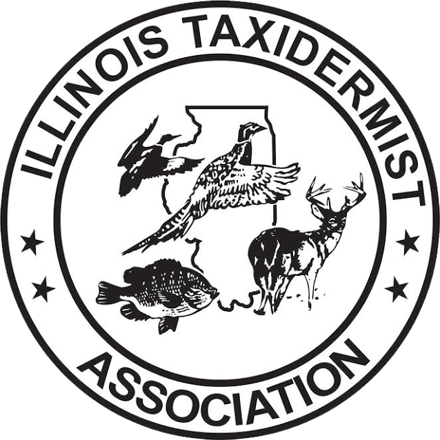 Illinois Taxidermist Association logo with birds, deer, and fish in a circular black-and-white seal