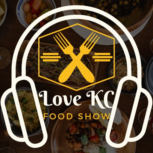 Love KC Food Show logo with white headphones and yellow crossed forks and utensils on a food background