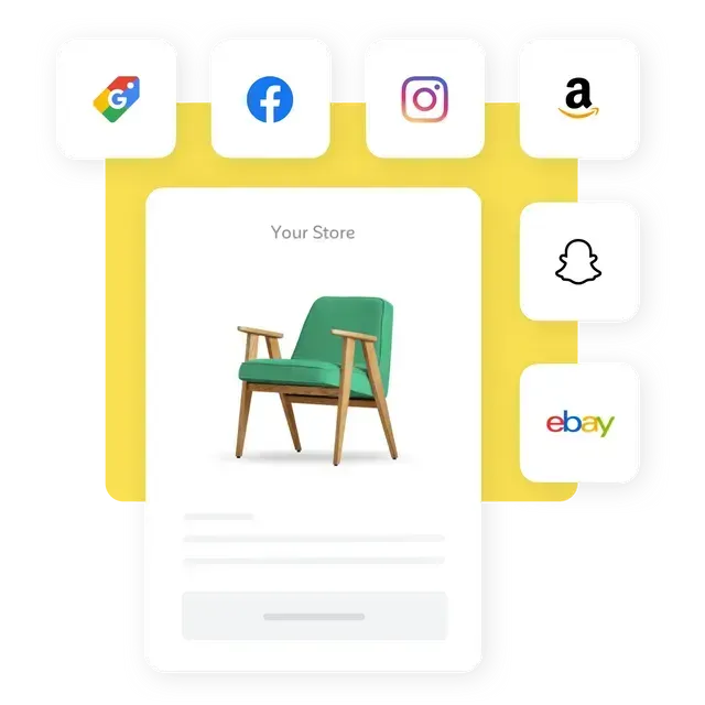 Online store page surrounded by Google, Facebook, Instagram, Amazon, Snapchat, and eBay icons