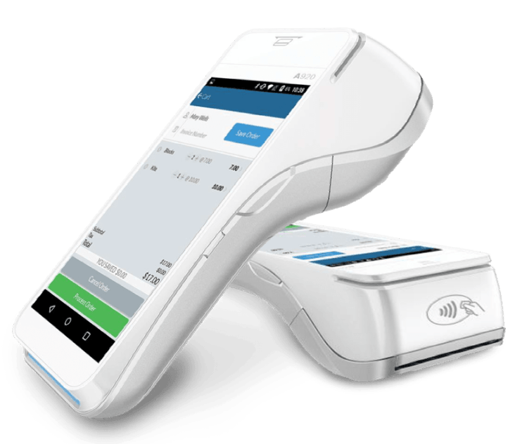 White handheld card reader with touchscreen on a charging base, shown in a product-style view
