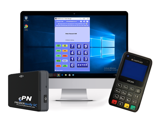 Point-of-sale payment system with desktop monitor, PIN pad, and handheld card terminal