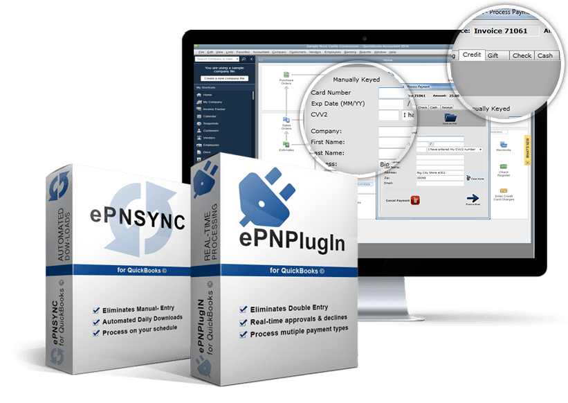 EPNSYNC and ePNPlugin software boxes beside a desktop monitor showing a settings interface