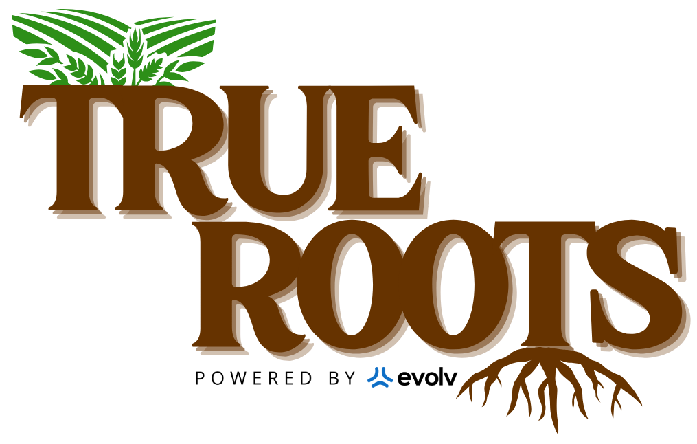 True Roots logo with brown text, green leaf and root accents, and “Powered by Evolv” beneath