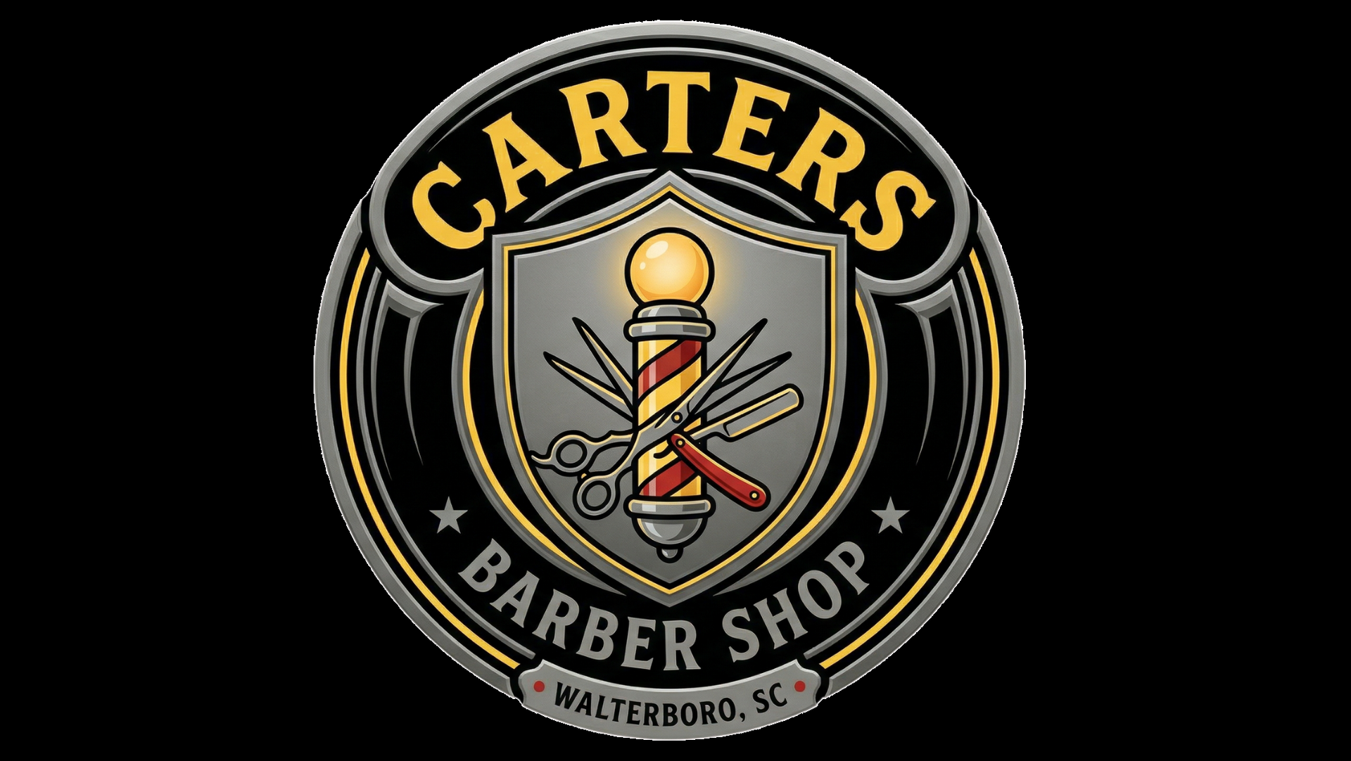 Circular logo for Carter’s Barber Shop in Walterboro, SC, featuring a barber pole, shears, and razor on a shield.