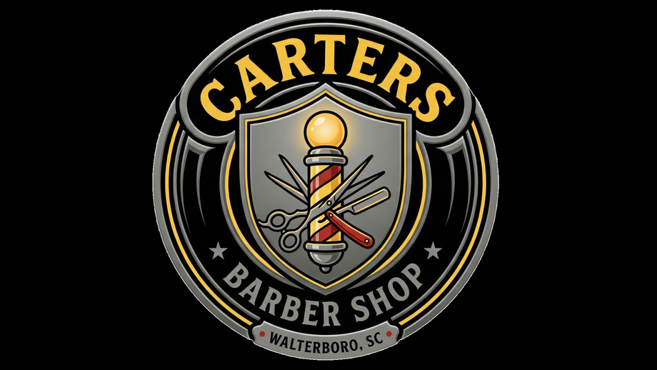 Circular logo for Carter’s Barber Shop in Walterboro, SC, featuring a barber pole, shears, and razor on a shield.