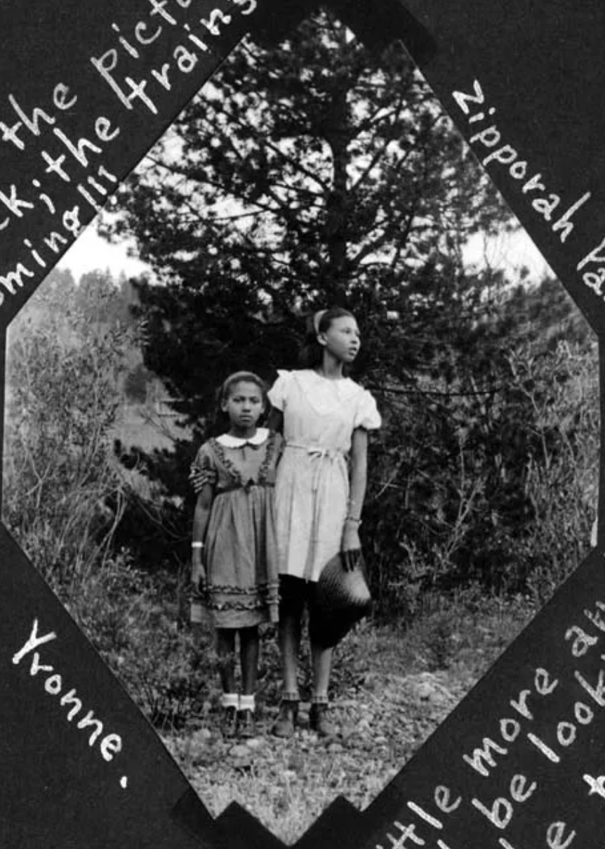 A black and white photo of two girls with the name yonne on the bottom