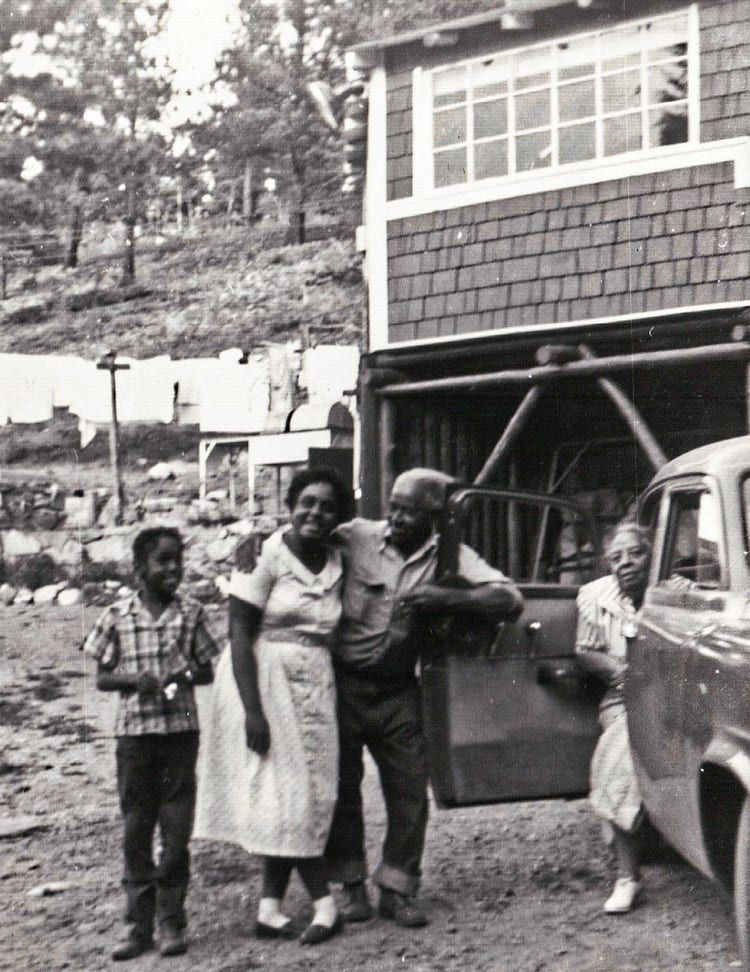 Warren Tucker Jr., Sharon Duncan
Tucker, Wendell “Wink” Hamlet, and Alberta Hamlet in front of Wink’s Lodge.