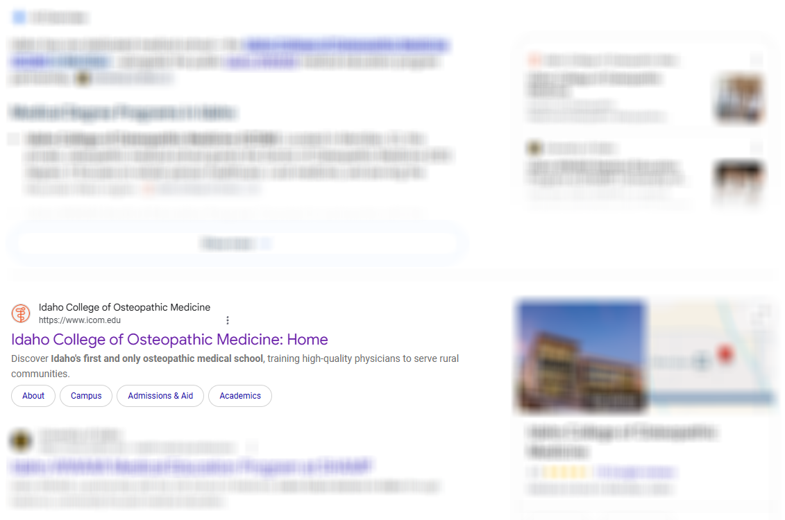 Blurred Google search results page with a map-style listing and a building photo on the right