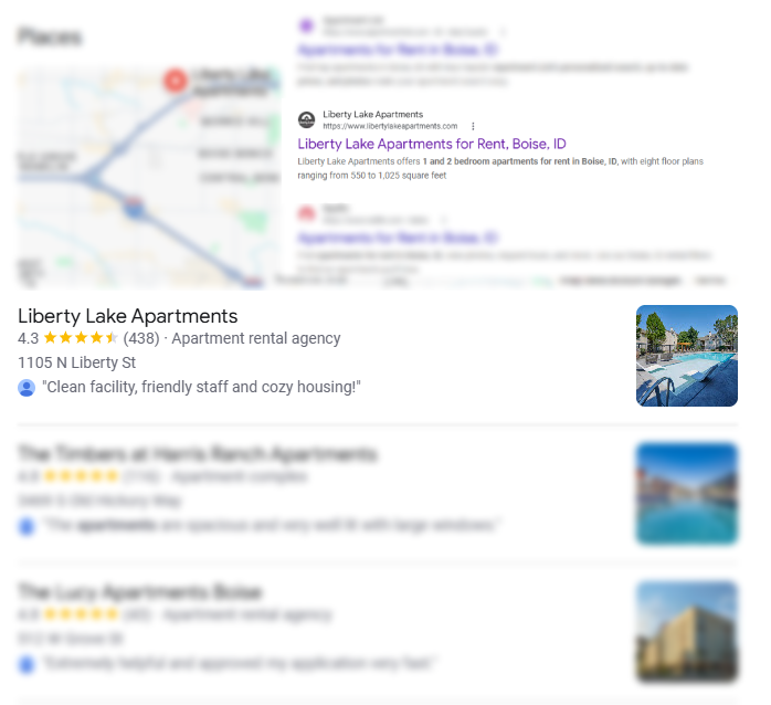 Google Maps-style search results for apartments in Boise, with listings and thumbnail photos.