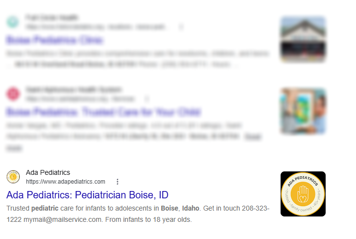 Search results for Boise pediatrics clinics with website links and thumbnails