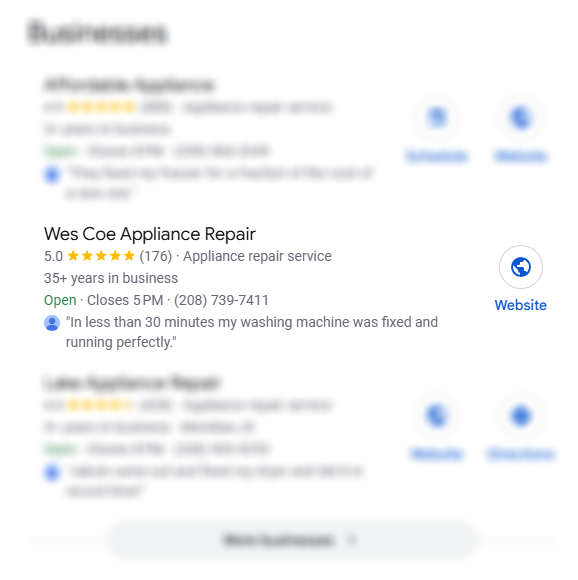 Search results listing appliance repair businesses with ratings, hours, phone numbers, and website/directions buttons.