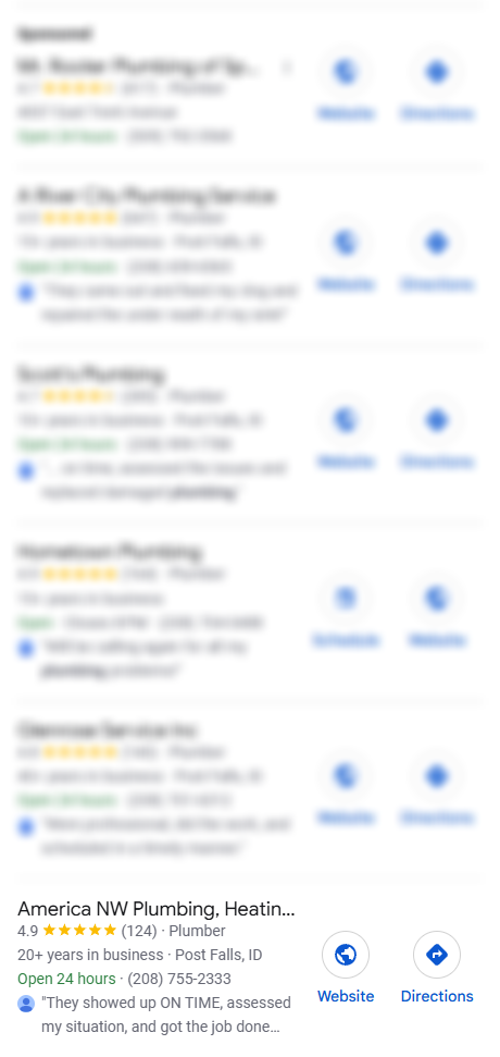 Search results list for local plumbing services with star ratings, phone numbers, and map icons.