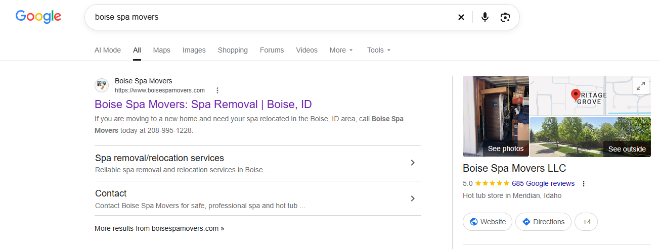 Google search results page with a business listing and map preview on the right