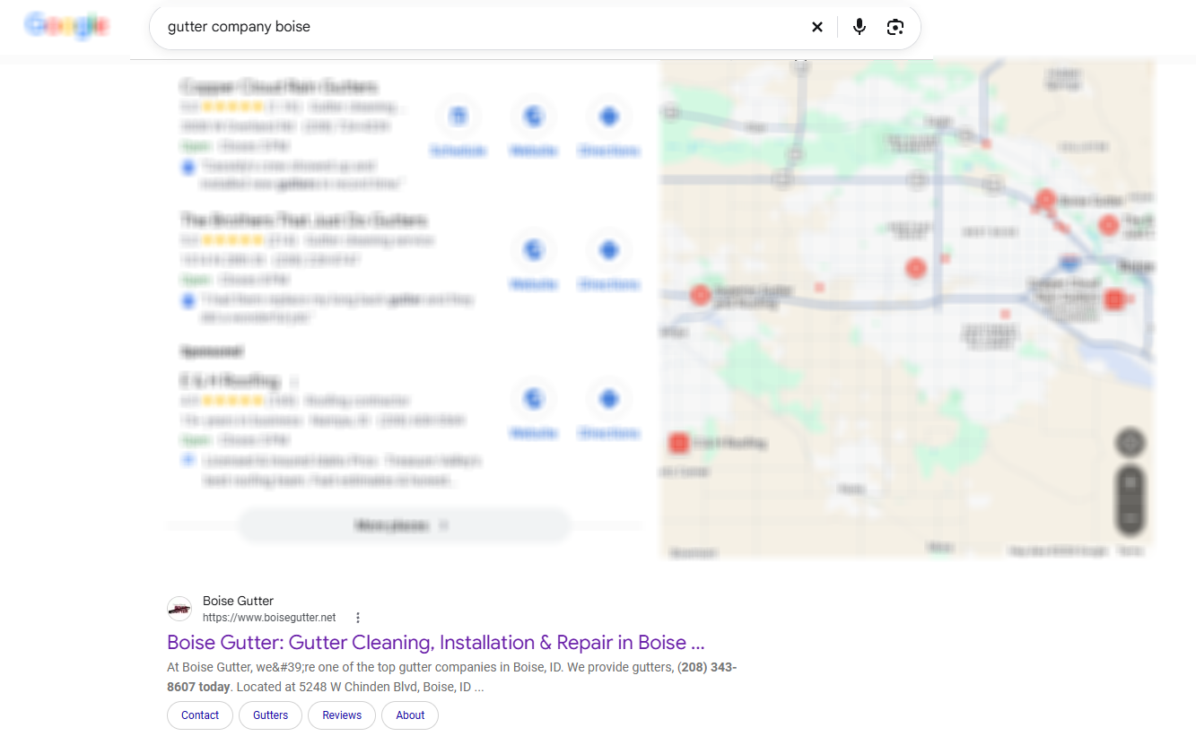 Google search results with a map showing nearby churches and locations on the right.