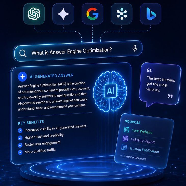 Dark blue AI search interface with glowing icons, search bar, answer card, key benefits, and sources panel