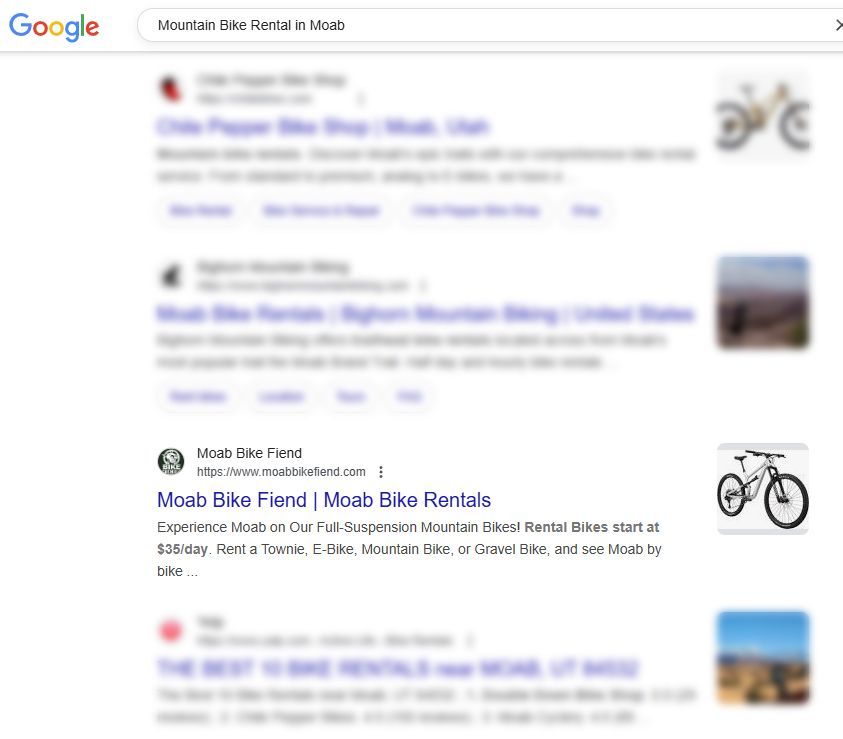 Google search results for mountain bike rentals in Moab, Utah.
