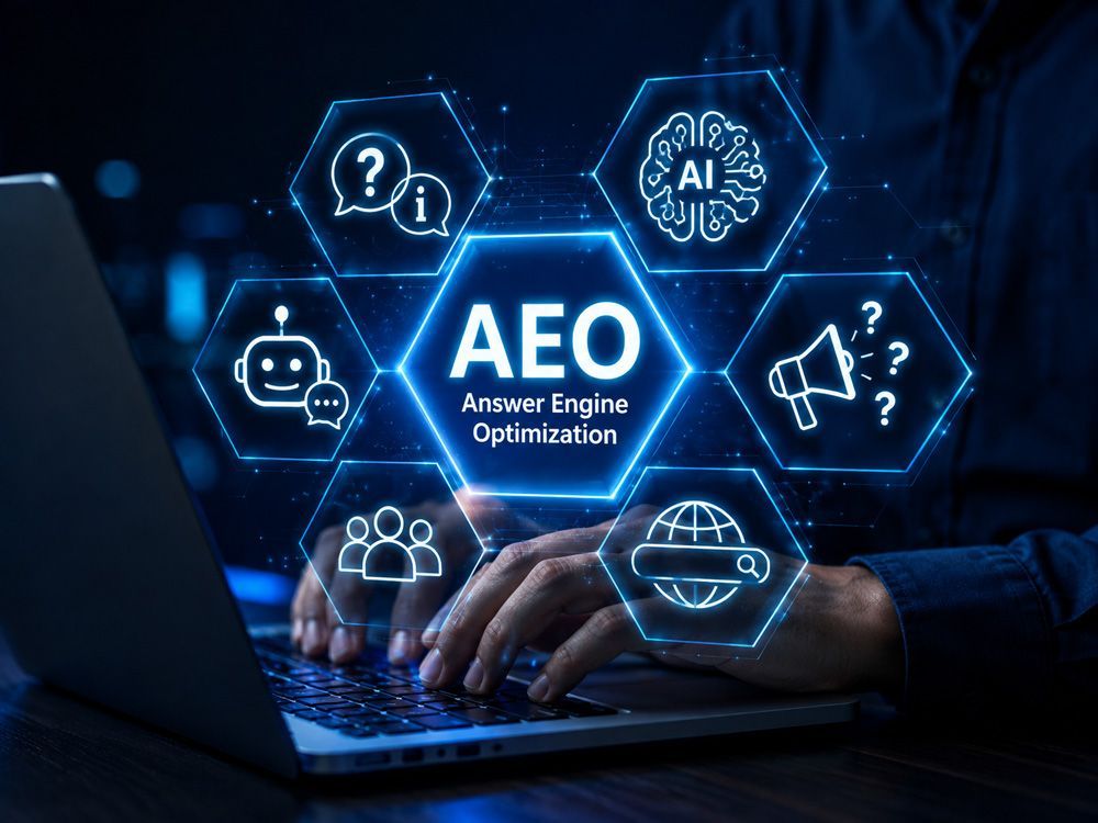 Hands typing on laptop with glowing AEO icons and digital network hexagons above