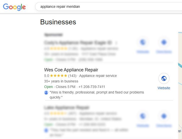 Google search results for appliance repair in Meridian, listing businesses with reviews and contact info.