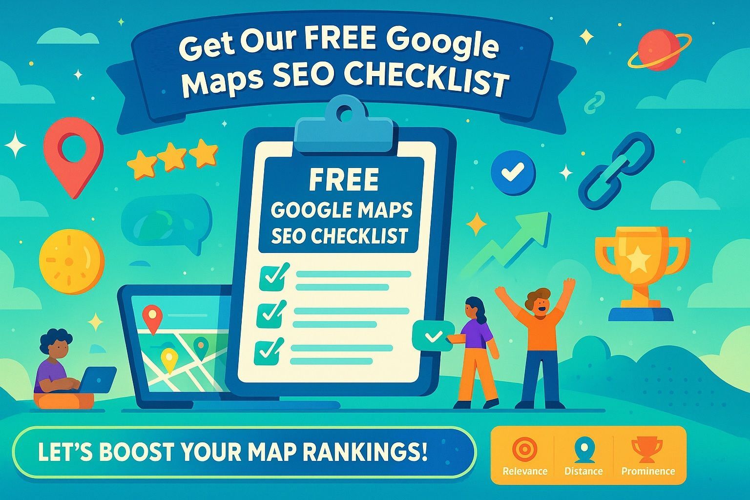 Promotional graphic for a free Google Maps SEO checklist. Clipboard with checklist, people celebrating, map icons.