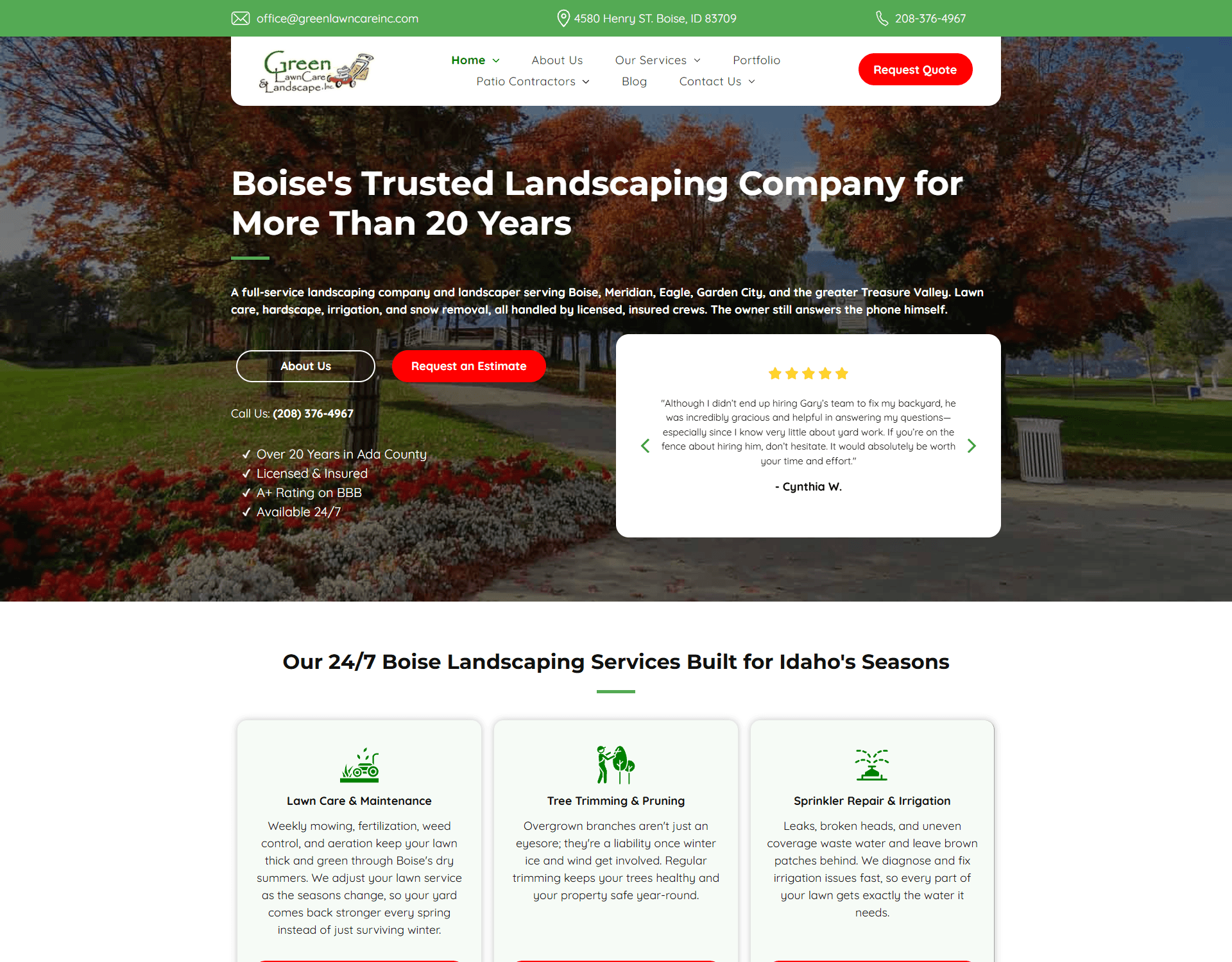 Website Homepage of Green lawn Care IN