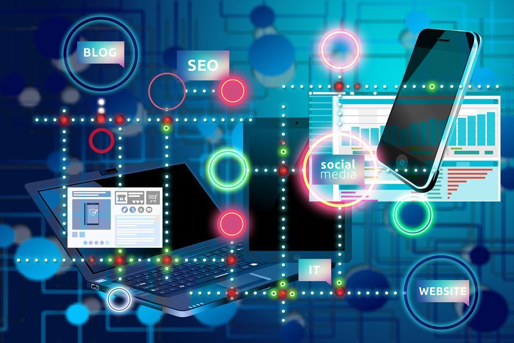 Laptop, phone, and website elements with glowing lines and circles, representing digital marketing strategies.