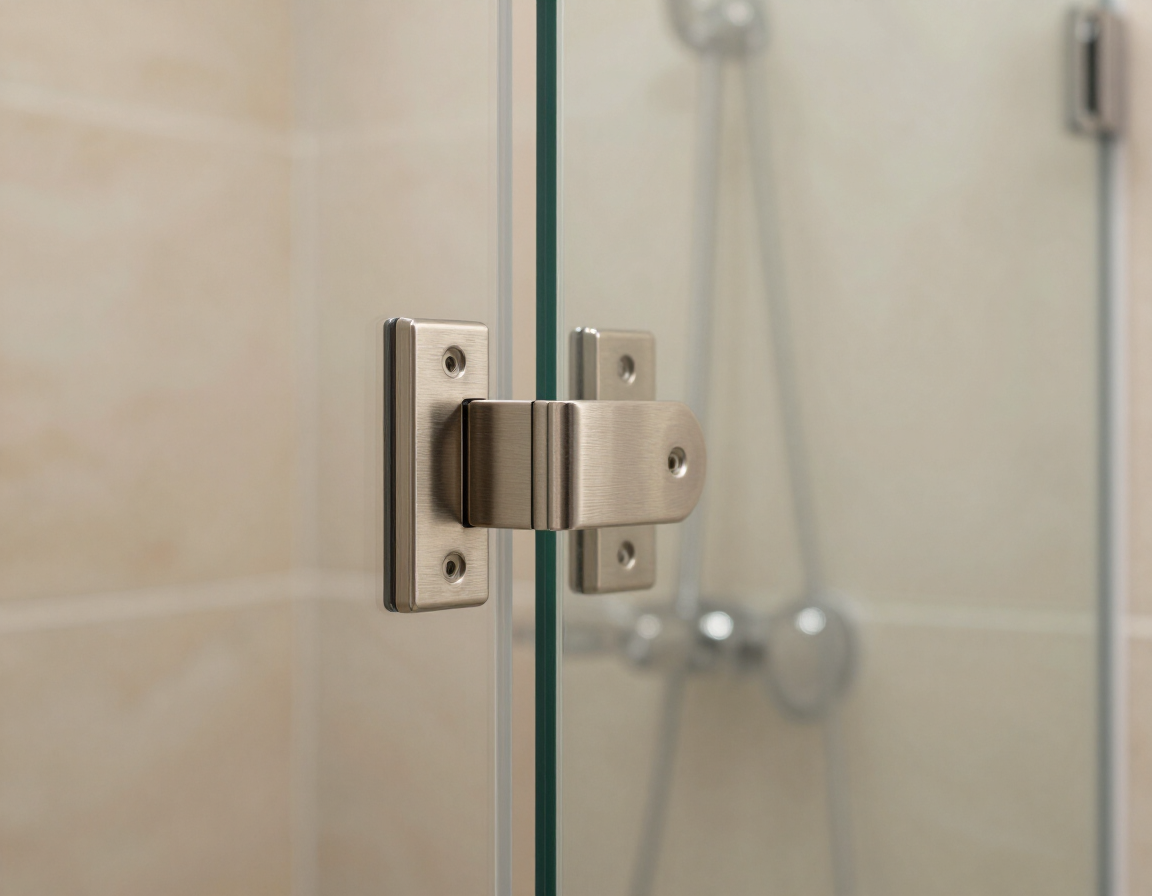 Close-up of frameless shower glass hardware