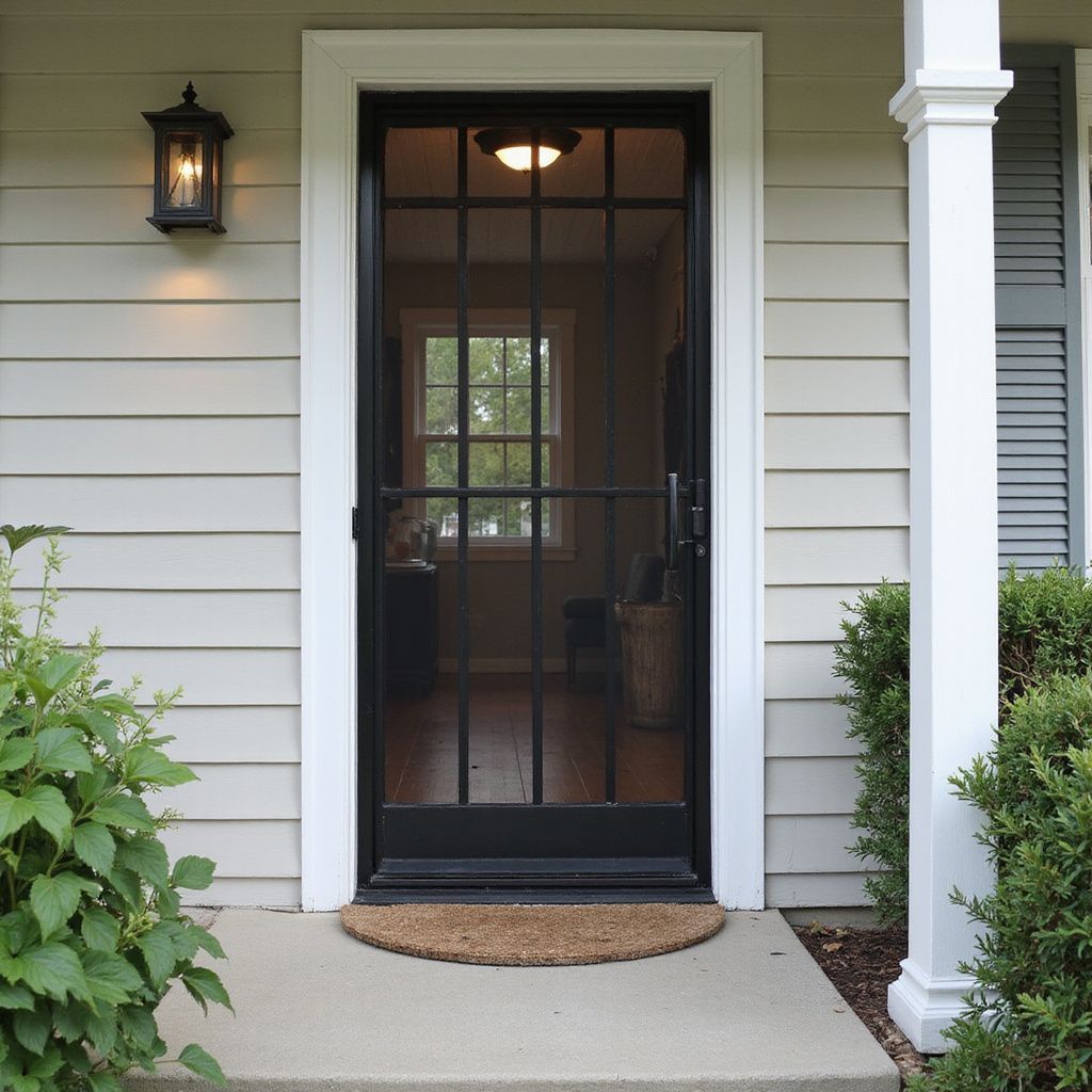 Black screen door with grid design, set in white frame; on a porch.