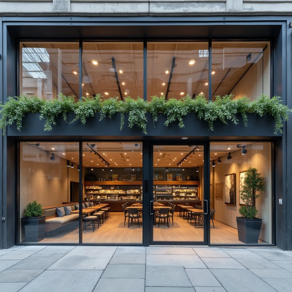 Restaurant exterior with large windows, tables, and lush greenery.