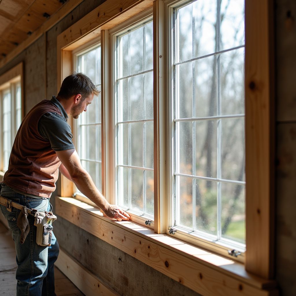 Man inspecting new windows in a wooden-walled room, likely construction site.