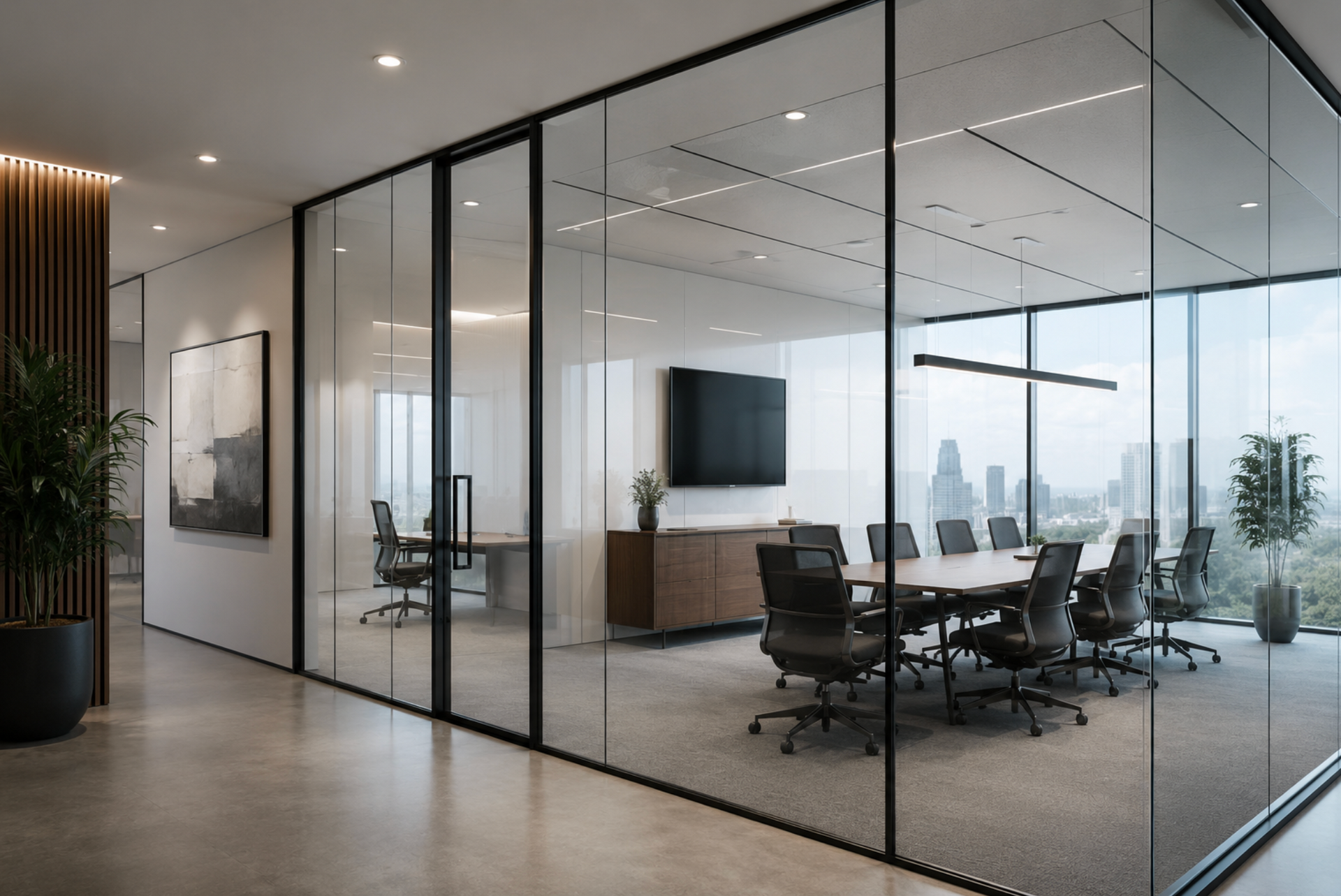 Modern glass-walled conference room with long table, black chairs, and city view.