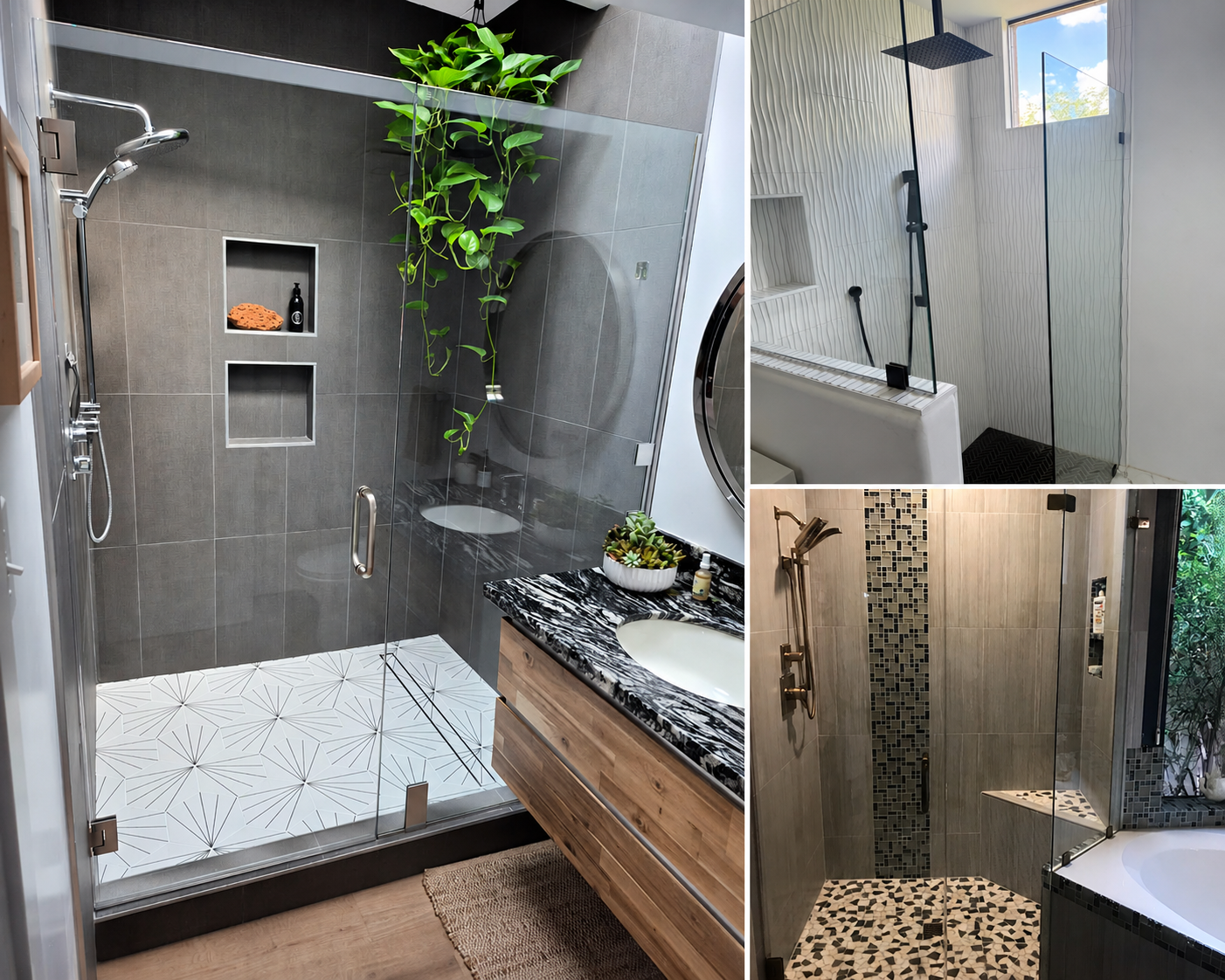 Collage of three Scottsdale shower installations done by ABC Glass Company in Scottsdale, Arizona