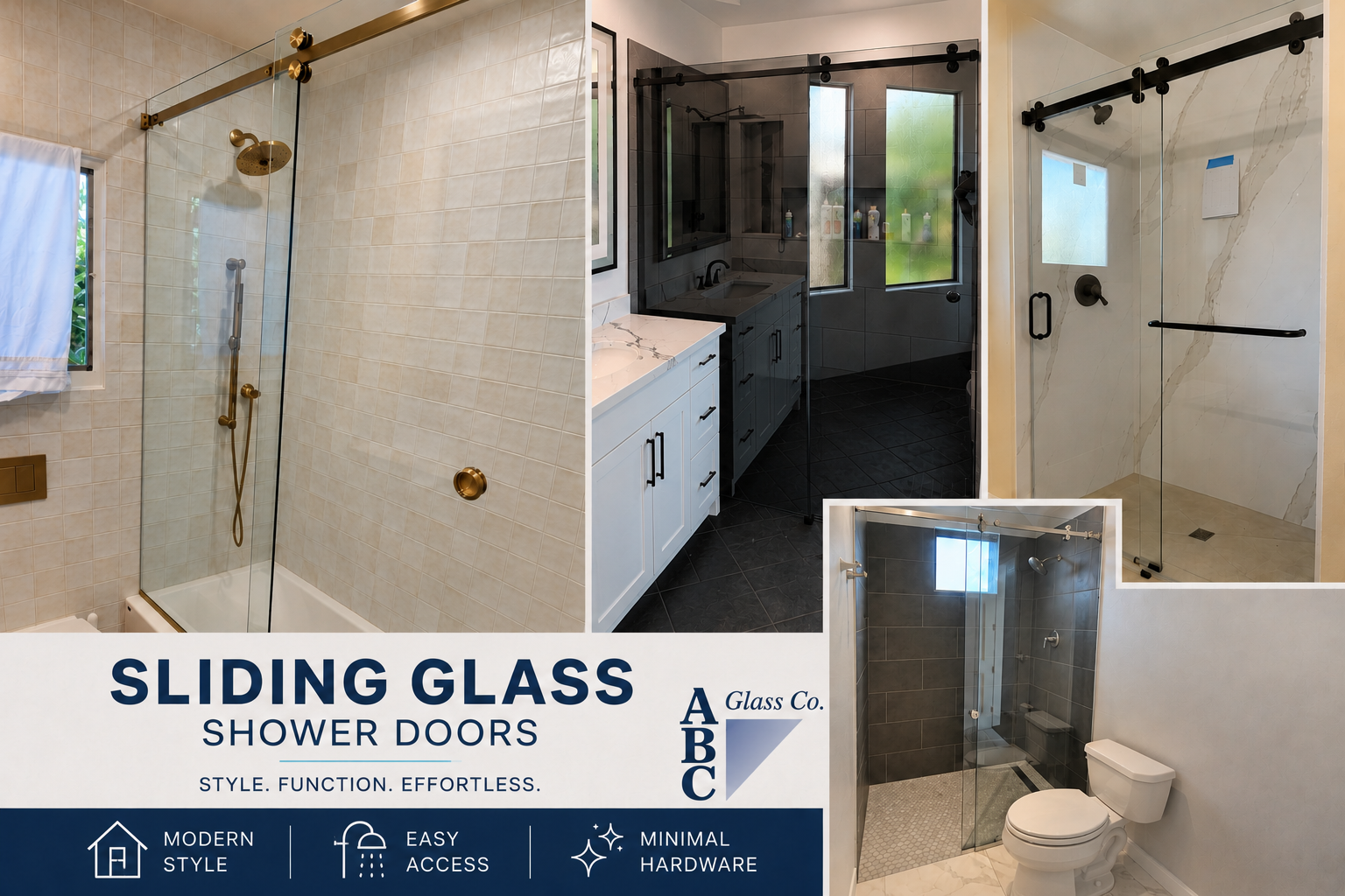 Multiple Frameless Sliding Glass Shower Doors installed by ABC Glass Company in Phoenix, Arizona.