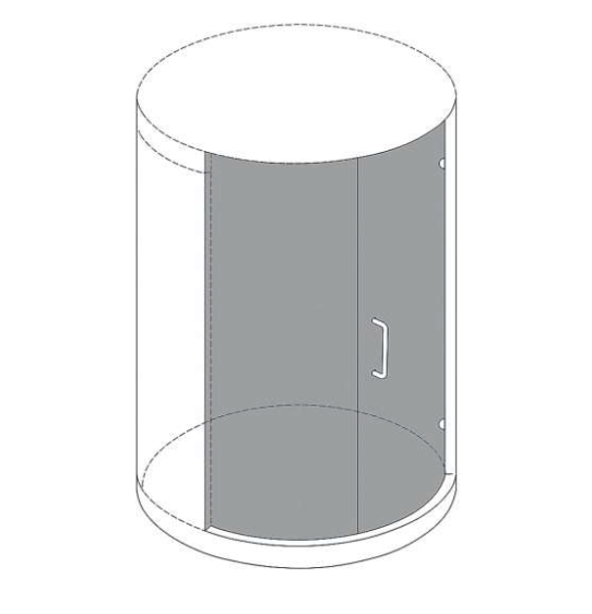 Isometric view of a cylindrical shower enclosure with a door and gray interior.