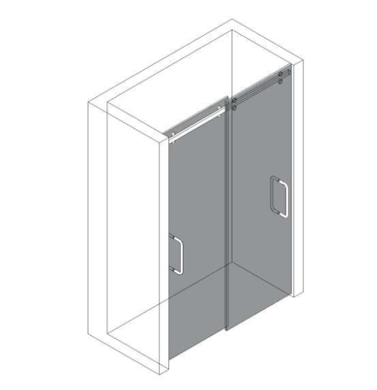 Isometric view of a sliding glass shower door installed in a corner.