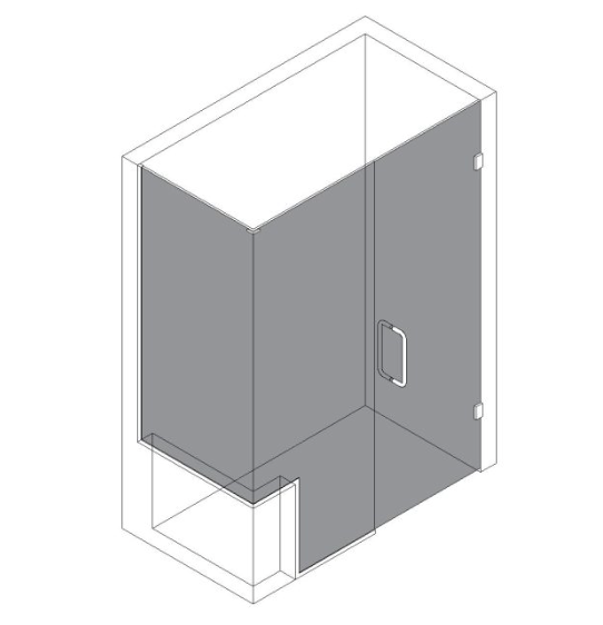 Isometric view of a shower stall with a glass door and two gray-colored walls.