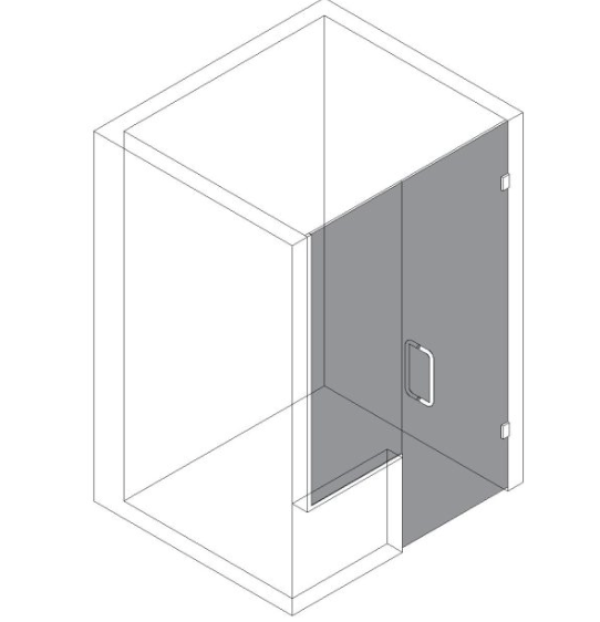 Isometric view of a shower stall with a glass door and handle, with gray shaded areas indicating the door.