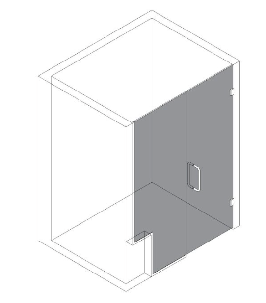 Isometric drawing of a shower stall with a glass door and handle. The right half of the stall and door are shaded.