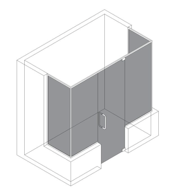 Isometric view of a shower enclosure with a glass door and two fixed glass panels, shaded in gray.
